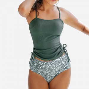 Bordás ruched húzózsinór teteje&ditsy virágos magas derék tankini szett