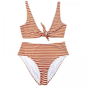 Narancssárganarancssárga fehér szalag széles váll íj Kényelmes magas derék kétrészes fürdőruhában